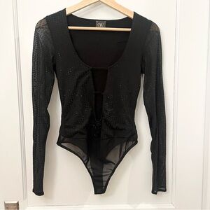 OW Collection Black Sparkly Rhinestone Studded Mesh Cutout Bodysuit